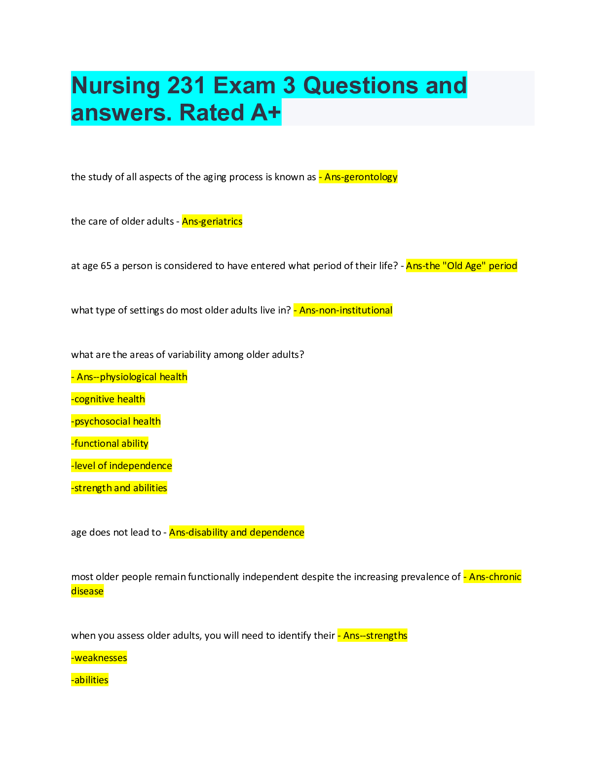 Preview of Nursing 231 Exam 3 Questions and answers Rated A+